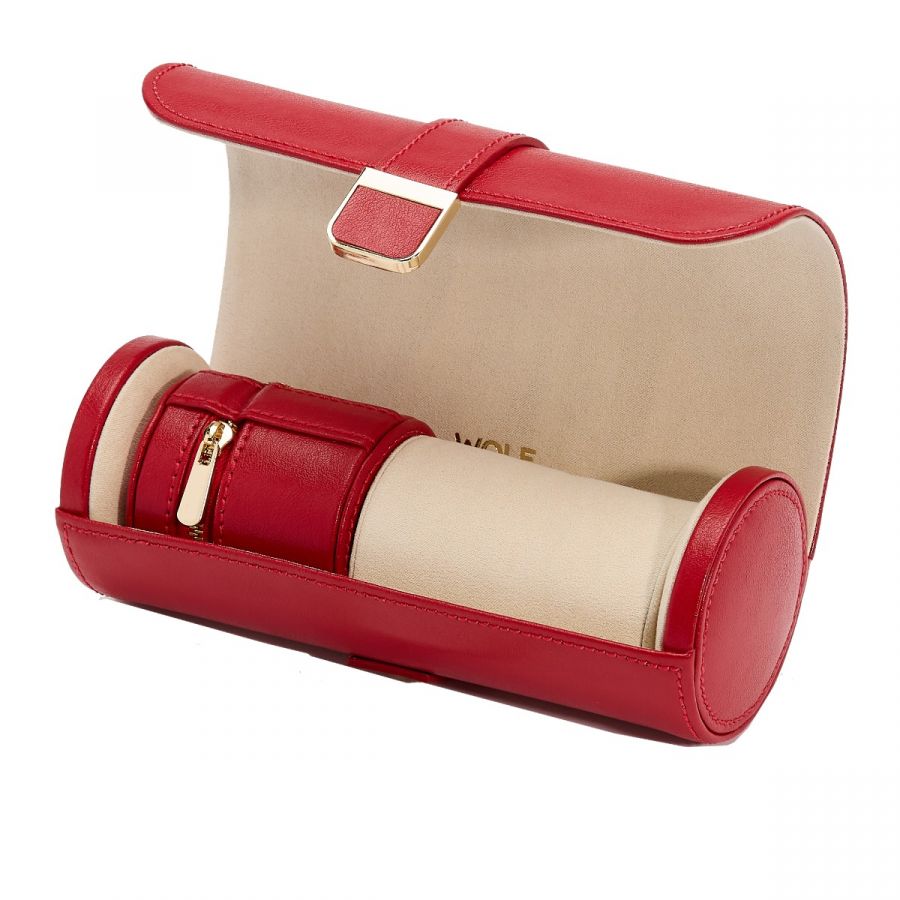 Palermo Double Watch Roll with Jewelry Pouch, Red - WOLF DESIGNS INC