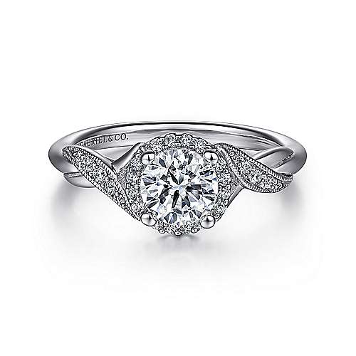 Shae - Vintage Inspired 14K White Gold Round Halo Diamond Engagement Ring - GABRIEL BROS, INC