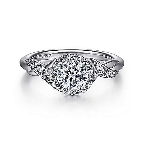 Shae - Vintage Inspired 14K White Gold Round Halo Diamond Engagement Ring - GABRIEL BROS, INC