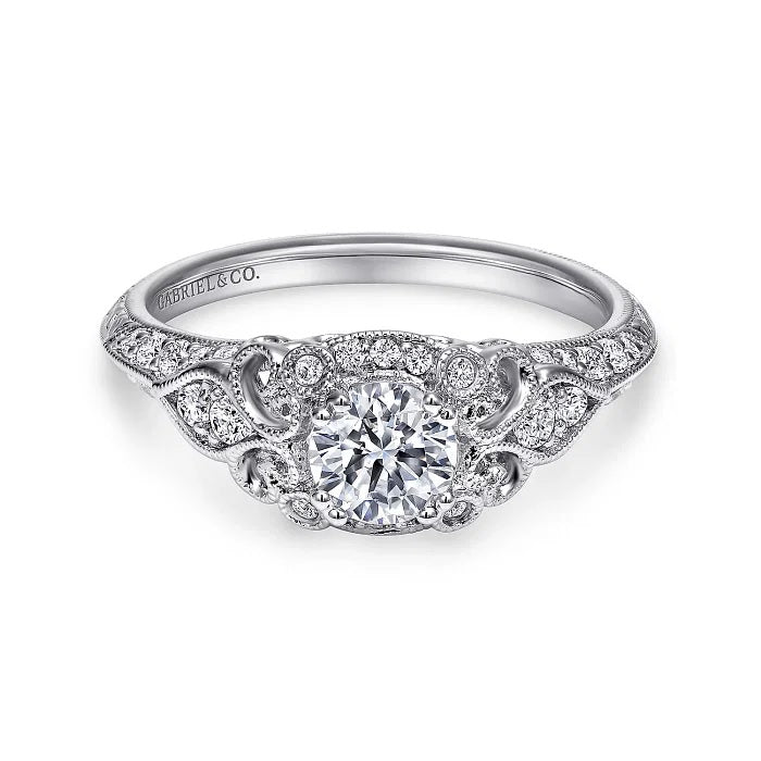 Abel - Unique 14K White Gold Vintage Inspired Diamond Halo Engagement Ring - GABRIEL BROS, INC
