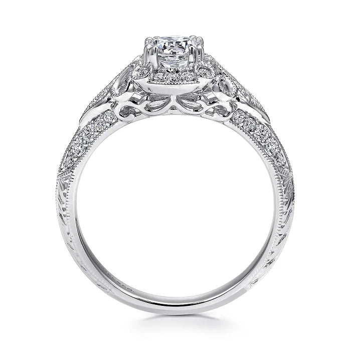 Abel - Unique 14K White Gold Vintage Inspired Diamond Halo Engagement Ring - GABRIEL BROS, INC