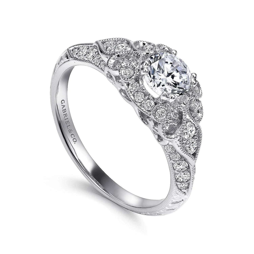Abel - Unique 14K White Gold Vintage Inspired Diamond Halo Engagement Ring - GABRIEL BROS, INC