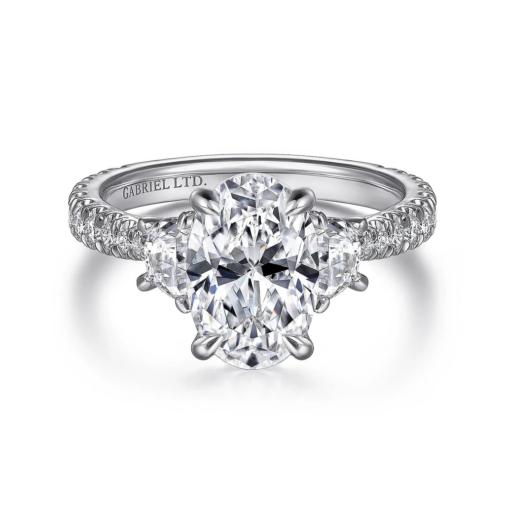 Yasmine - 18K White Gold Oval Three Stone Diamond Engagement Ring - GABRIEL BROS, INC