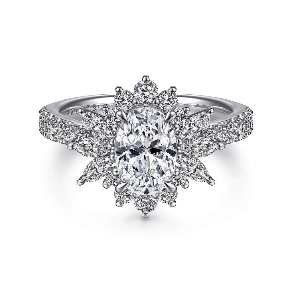 Bailee - 14K White Gold Bursting Halo Oval Diamond Engagement Ring - GABRIEL BROS, INC
