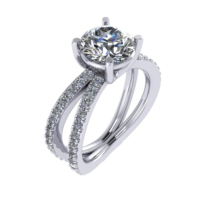 Round Diamond Semi-Mount Engagement Ring with Double Diamond Band - YOURLINE