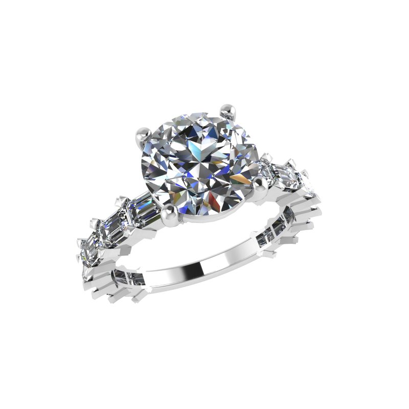 Round Diamond Semi-Mount Engagement Ring with Baguette Diamond Band - YOURLINE