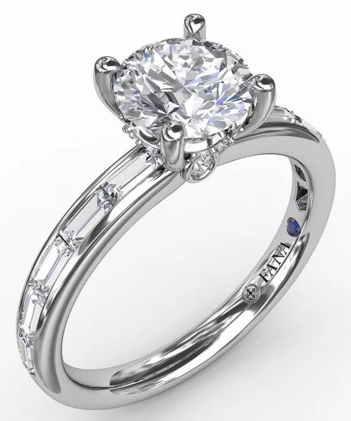 Classic Round Diamond Solitaire Engagement Ring with Baguette Diamond Shank - FANA