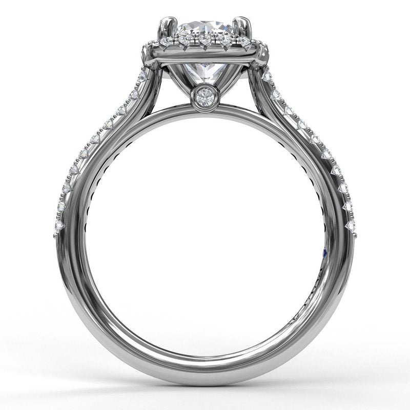 Delicate Cushion Halo Engagement Ring With Pave Shank - FANA