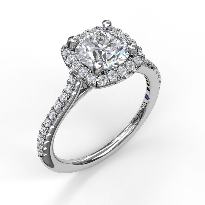 Delicate Cushion Halo Engagement Ring With Pave Shank - FANA
