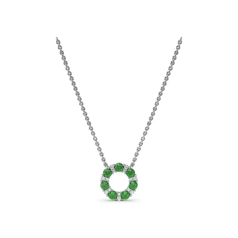 Shared Prong Emerald and Diamond Circle Necklace - FANA