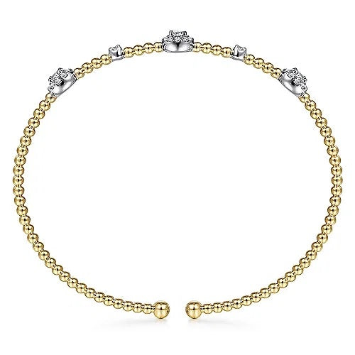 14K White-Yellow Gold Bujukan Bead Cuff Bracelet with Diamond Cluster Stations - GABRIEL BROS, INC