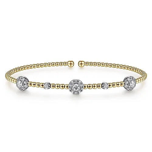 14K White-Yellow Gold Bujukan Bead Cuff Bracelet with Diamond Cluster Stations - GABRIEL BROS, INC