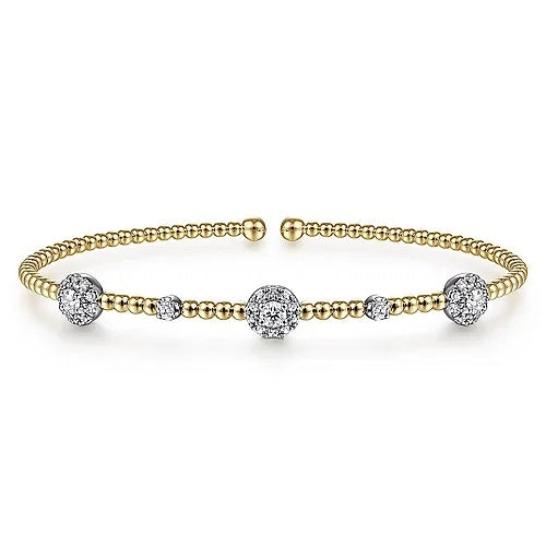 14K White-Yellow Gold Bujukan Bead Cuff Bracelet with Diamond Cluster Stations - GABRIEL BROS, INC