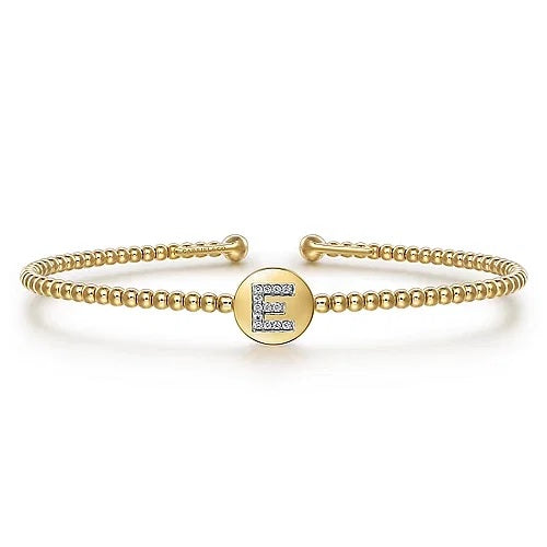 14K Yellow Gold Round E Initial Diamond Bujukan Cuff Bracelet - GABRIEL BROS, INC