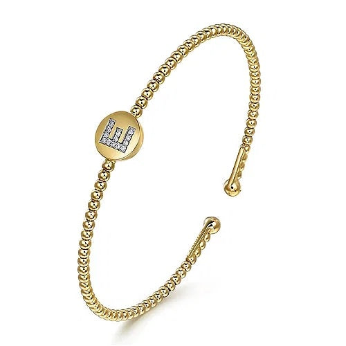 14K Yellow Gold Round E Initial Diamond Bujukan Cuff Bracelet - GABRIEL BROS, INC