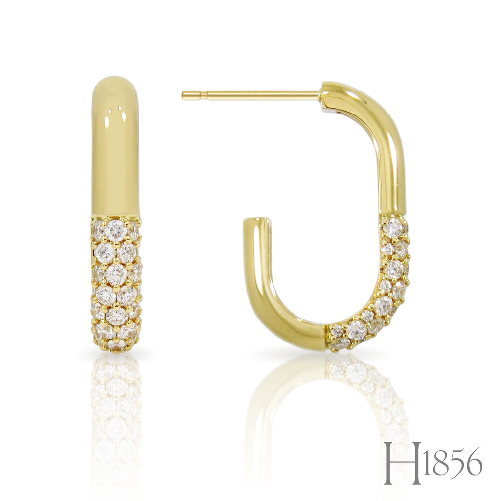 14K Yellow Gold Oval Diamond Bar Hoop Earrings - BIXLERS