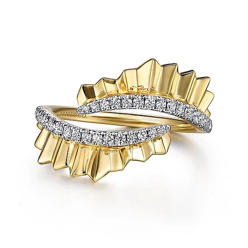 Diamond Cut - 14K Yellow Gold Diamond Bypass Ring with Diamond Cut Texture - GABRIEL BROS, INC