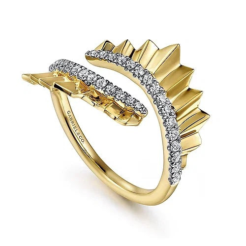 Diamond Cut - 14K Yellow Gold Diamond Bypass Ring with Diamond Cut Texture - GABRIEL BROS, INC