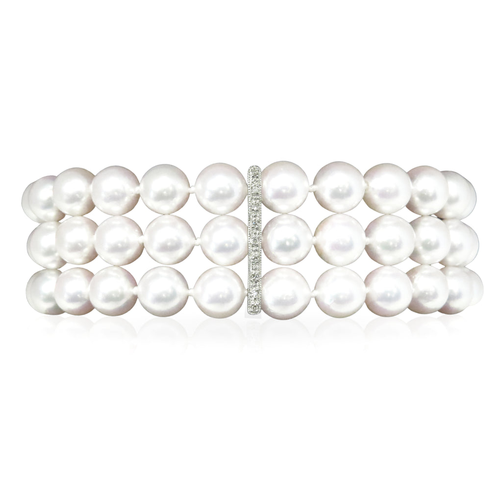 Triple Strand Akoya Pearl and Diamond Bracelet - CHEN INTERNATIONAL TRADING CO