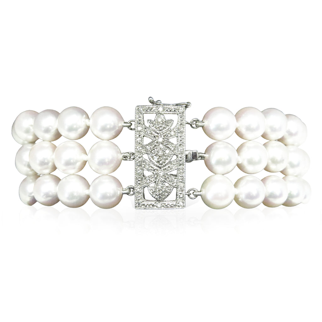 Triple Strand Akoya Pearl and Diamond Bracelet - CHEN INTERNATIONAL TRADING CO