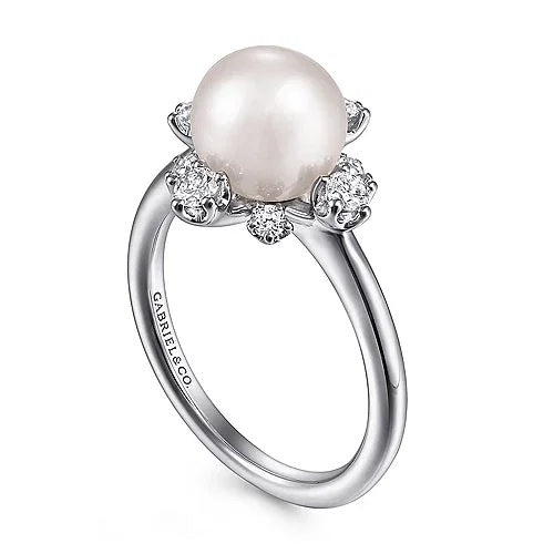 14K White Gold Pearl Ring with Bursting Diamond Halo - GABRIEL BROS, INC