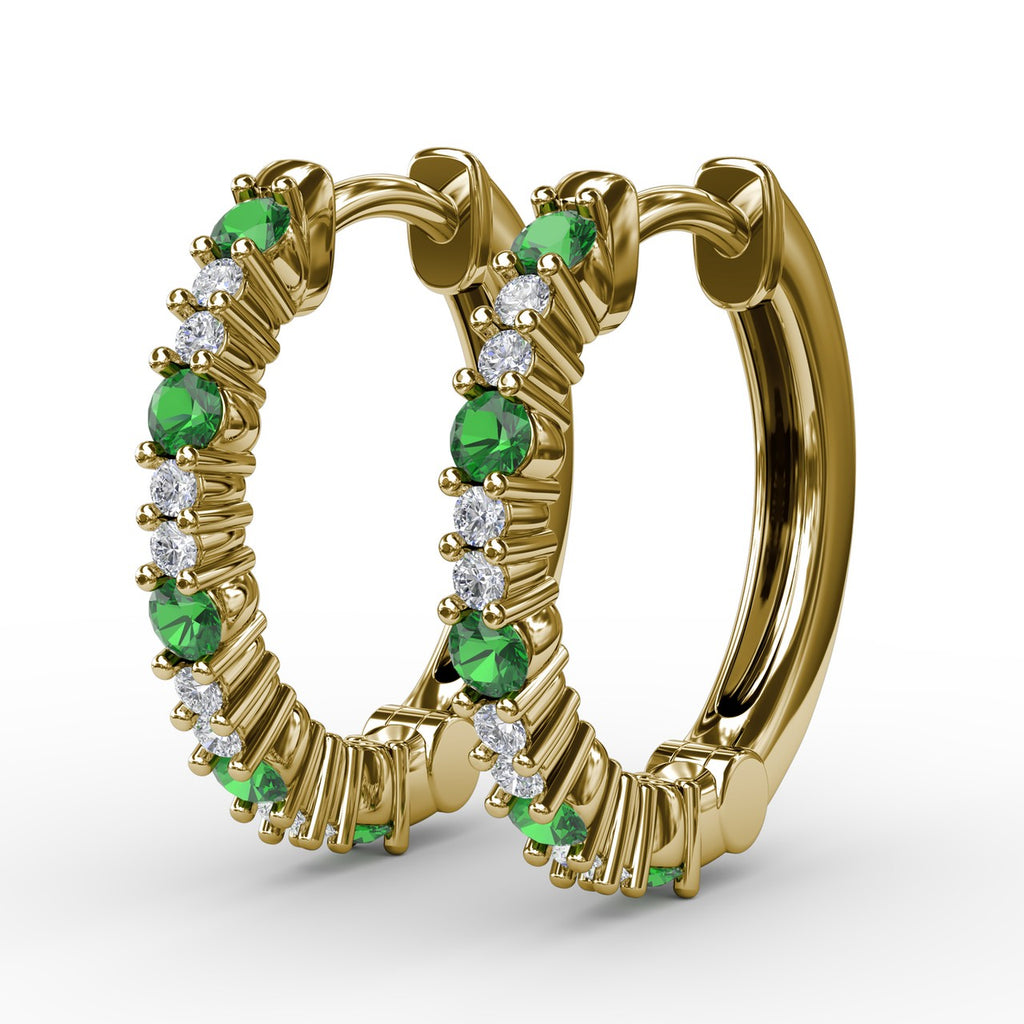 Shared Prong Emerald and Diamond Hoops - FANA