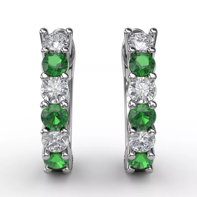 Shared Prong Emerald And Diamond Hoop Earrings - FANA