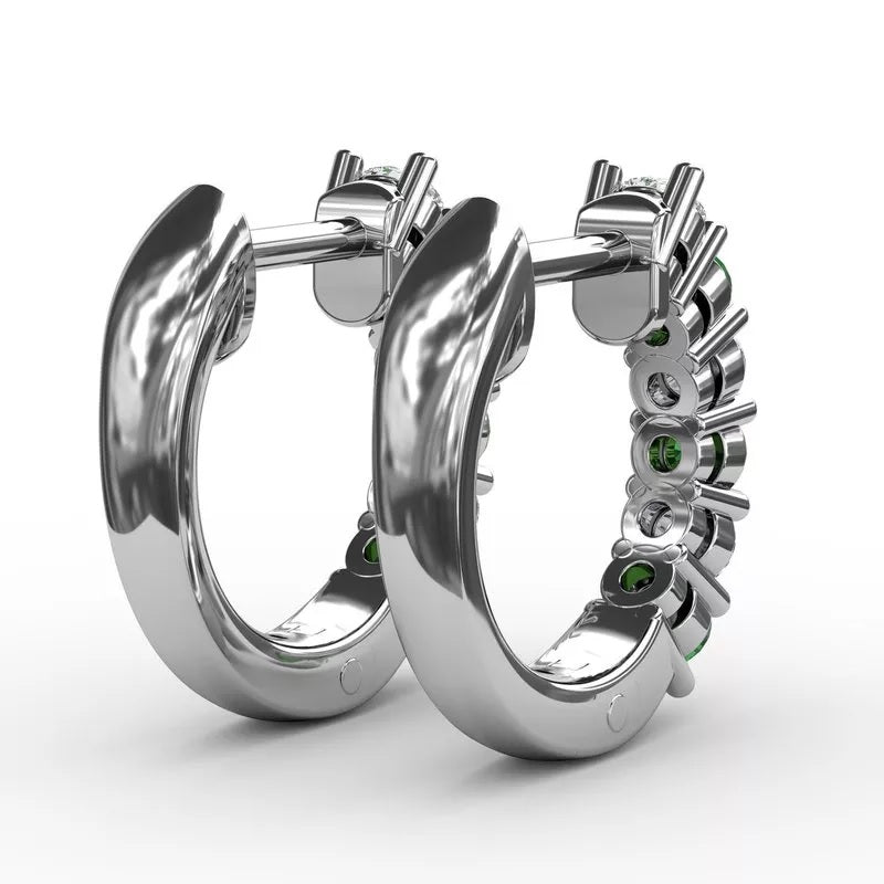 Shared Prong Emerald And Diamond Hoop Earrings - FANA