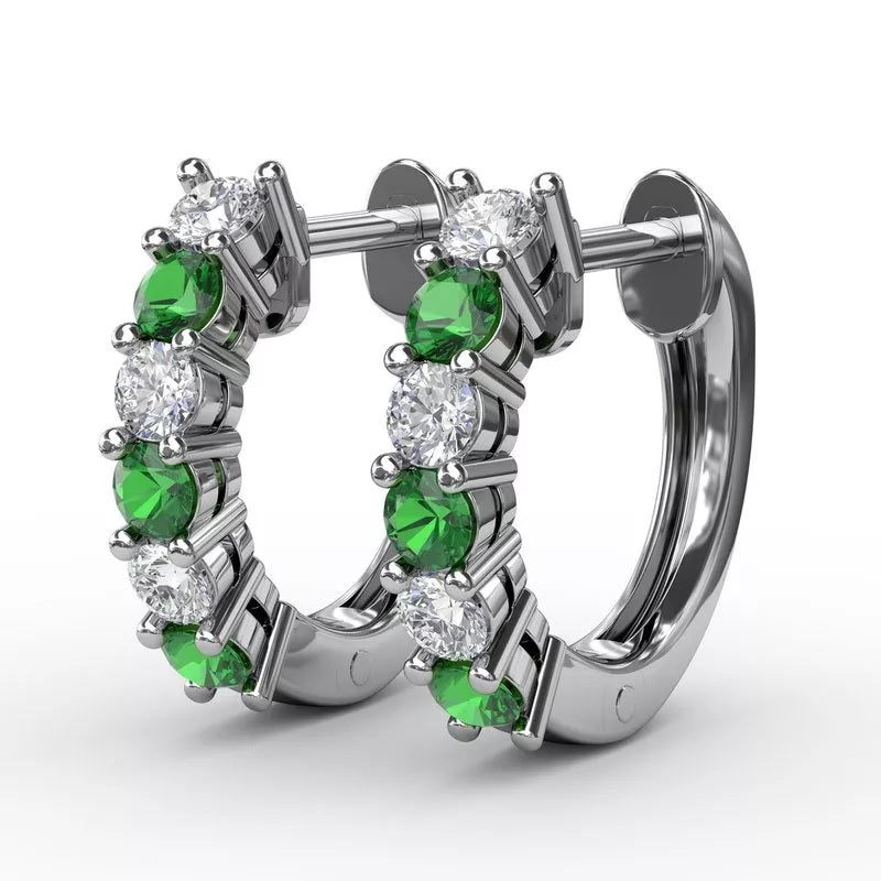 Shared Prong Emerald And Diamond Hoop Earrings - FANA