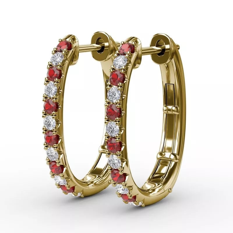 Alternating Ruby and Diamond Hoop Earrings - FANA