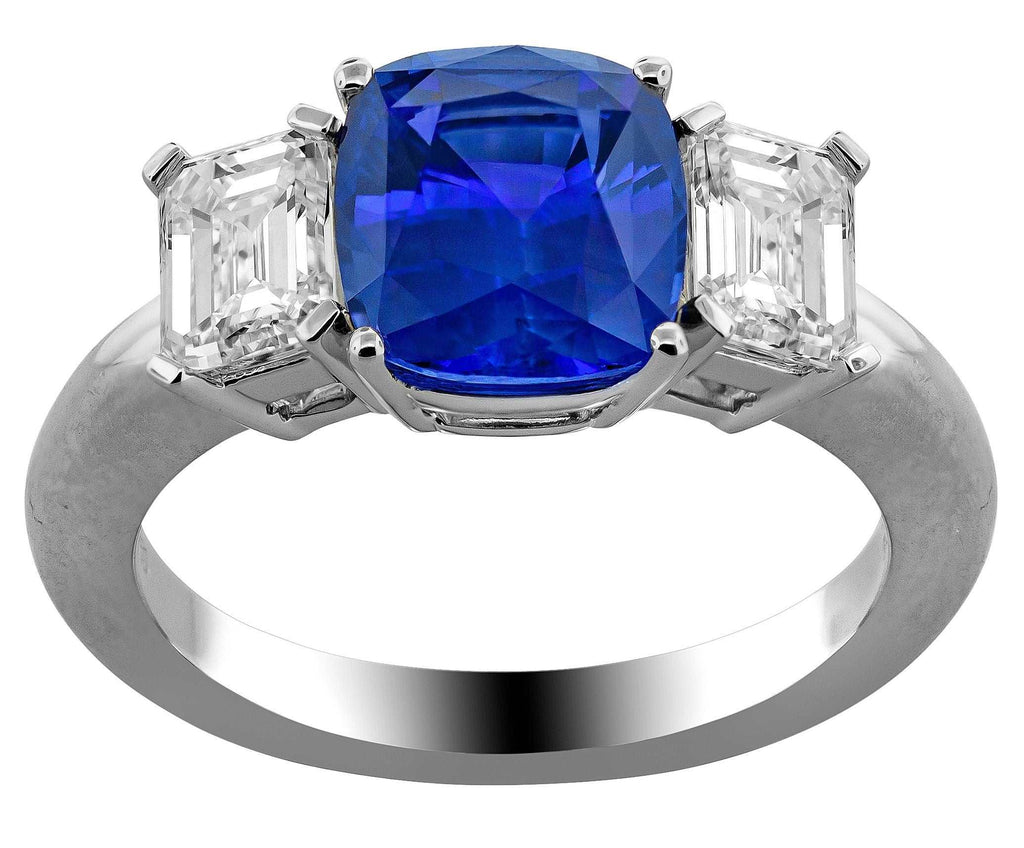 Cushion Sapphire & Emerald Cut Diamond Ring - SPARK CREATIONS INC
