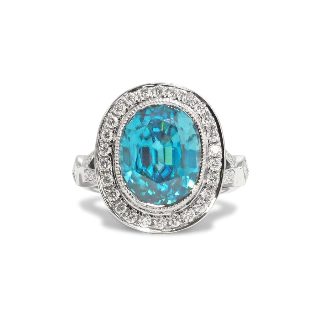 Blue Zircon and Diamond Ring - SPARK CREATIONS INC