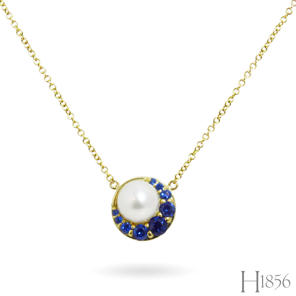 Pearl and Sapphire Crescent Moon Necklace - BIXLERS
