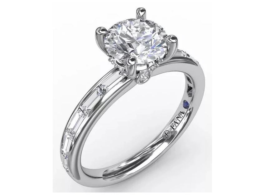 Classic Round Diamond Solitaire Engagement Ring with Baguette