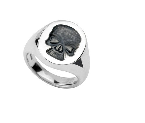 Sterling Silver Oval Signet Ring With Black Skull Seal (18.5x15mm) - DEAKIN & FRANCIS D&F