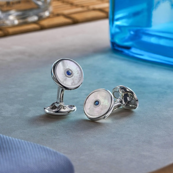 Sterling Silver Round Cufflinks with Mother-of-Pearl and Sapphire - DEAKIN & FRANCIS D&F