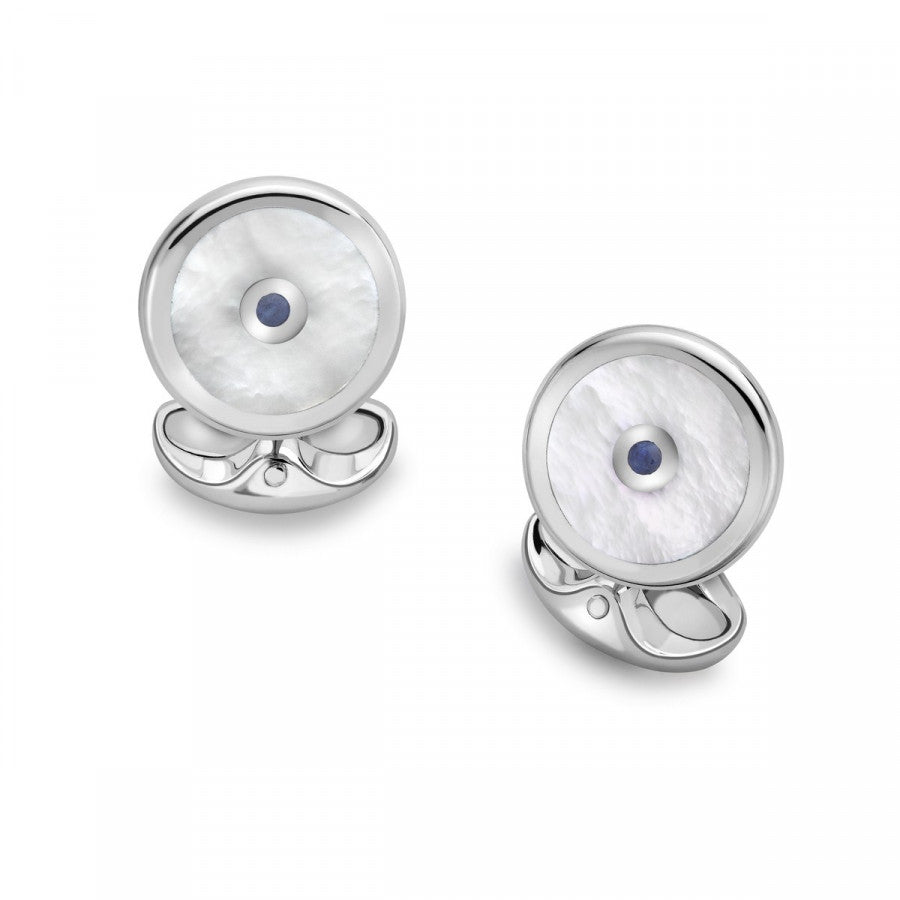 Sterling Silver Round Cufflinks with Mother-of-Pearl and Sapphire - DEAKIN & FRANCIS D&F