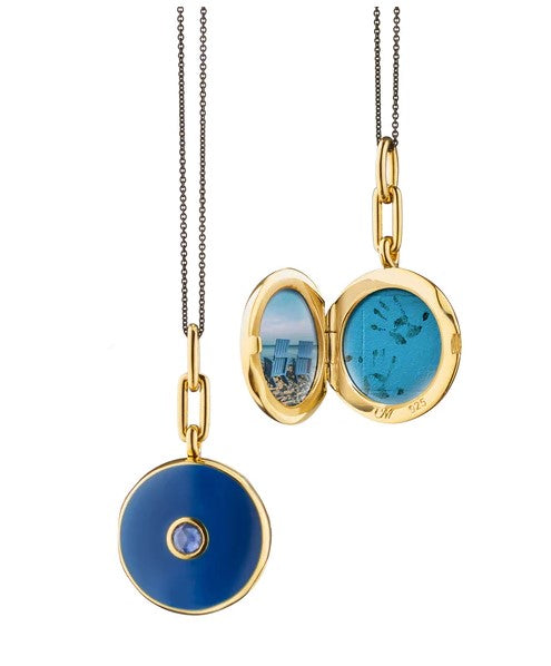 NAVY ENAMEL VERMEIL ROUND LOCKET WITH BLUE SAPPHIRE - MRK FINE ARTS LLC MRK